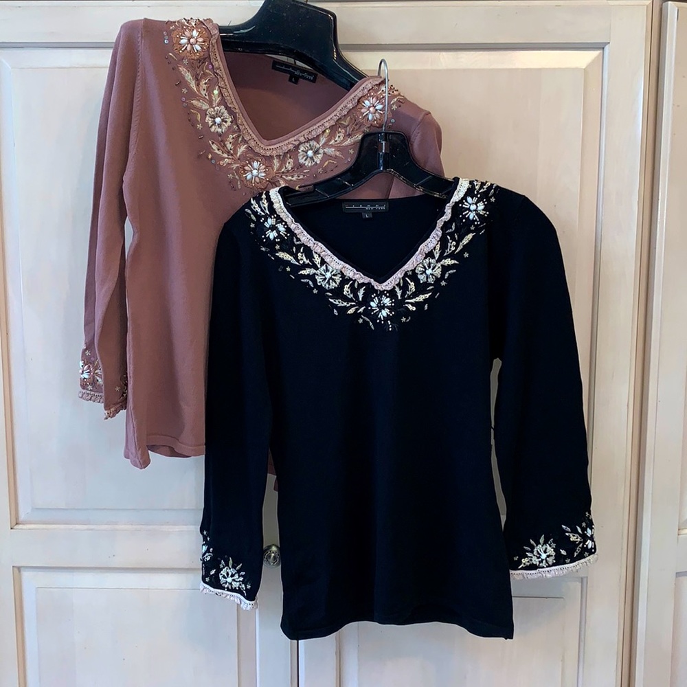 Two Ladies 3/4 Sleeve V-Neck rhinestone shirts